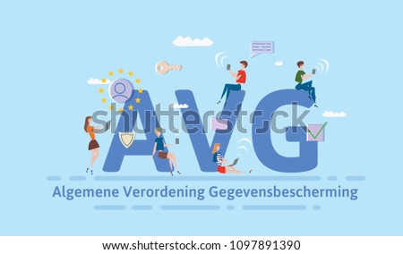 General Data Protection Regulation in Netherlands. People using mobile gadgets and internet devices among big AVG letters. GDPR, AVG, DSGVO. Concept vector illustration. Flat style. Horizontal.