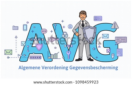 General Data Protection Regulation in Netherlands. Man with a shield in front of big AVG letters among internet and social media symbols. GDPR, DSGVO, AVG, DPO. Flat vector illustration. Horizontal.