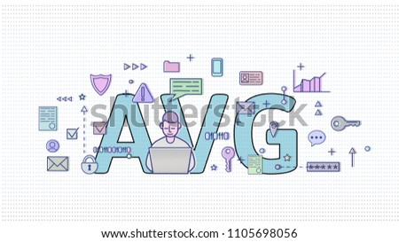 GDPR in Netherlands. Algemene verordening gegevensbescherming. Computer user among internet and media symbols with big AVG letters behind. GDPR, AVG, DSGVO, DPO. Flat vector illustration. Horizontal.