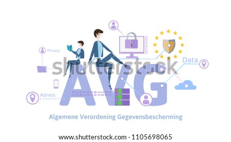 GDPR in Netherlands. Algemene verordening gegevensbescherming. People sitting on big AVG letters with internet security symbols around. GDPR, AVG, DSGVO, DPO. Flat vector illustration. Horizontal.