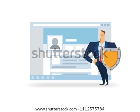 Man with the shield in front of open browser window. GDPR officer protecting data. GDPR, AVG, DSGVO, DPO, CCPA. Flat vector illustration. Isolated on white background.