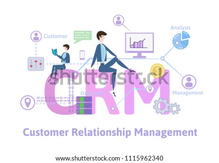 CRM, customer relationship management. Concept with keywords, letters and icons. Colored flat vector illustration on white background.