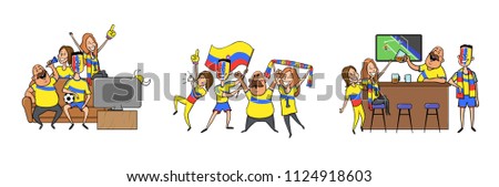 Colombian National football team supporters cheering at home, in the bar together. Set of football characters with national attributes. Colored flat vector illustration. Isolated on white background.