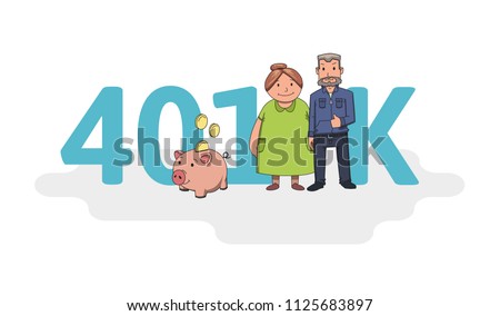 401K pension account, retirement. Acronym with characters, letters and text. Colored flat vector illustration on white background.