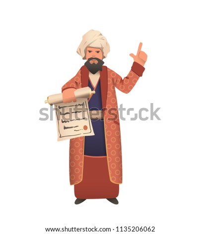 Wise vizier in white turban showing scroll and giving speech. Fairy tale character. Flat vector illustration. Isolated on white background. Imagine de stoc © 