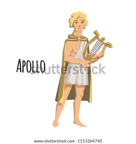 Apollo, ancient Greek god of archery, music, poetry and the sun with lyre. Ancient Greece mythology. Flat vector illustration. Isolated on white background.