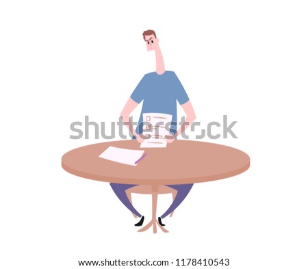 Funny cartoon man sitting at the table with an answer sheet in front of him. Colorful flat vector illustration. Isolated on white background.