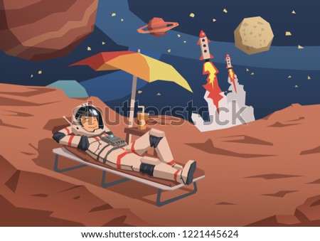 Astronaut in space suit having a cocktail on a sunbed on alien planet landscape with rocket launching nearby. Space travel in comfort. Flat illustration. Horizontal. Raster version. Stock foto © 
