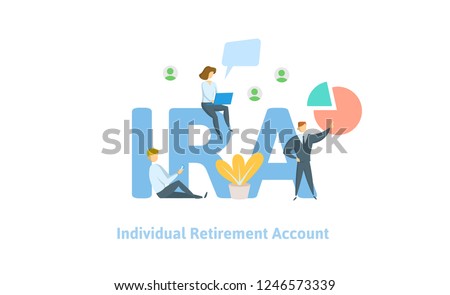 IRA, individual retirement account. Pension account, retirement. Concept with keywords, letters and icons. Colored flat vector illustration on white background.
