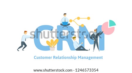 CRM, customer relationship management. Concept with keywords, letters and icons. Colored flat vector illustration on white background.