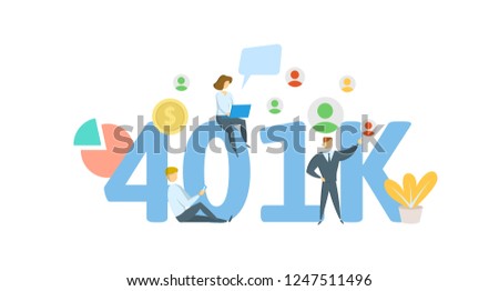 401K pension account, retirement. Acronym with characters, letters and text. Colored flat vector illustration on white background.