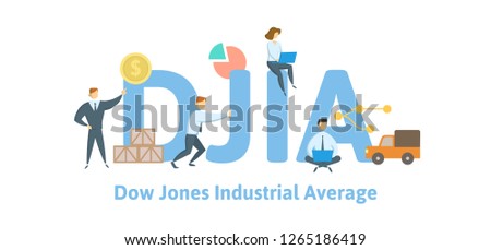 DJIA, dow jones industrial average. Concept with keywords, letters and icons. Colored flat vector illustration. Isolated on white background.