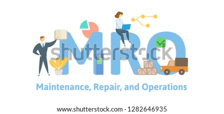 MRO, Maintenance, Repair, and Operations. Concept with keywords, letters and icons. Colored flat vector illustration. Isolated on white background.