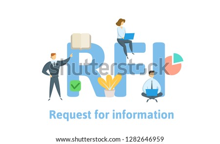 RFI, request for information. Concept with keywords, letters and icons. Colored flat vector illustration. Isolated on white background.