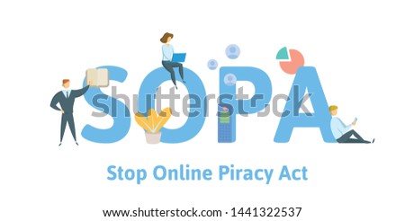 SOPA, Stop Online Piracy Act. Concept with people, keywords and icons. Colored flat vector illustration. Isolated on white background.