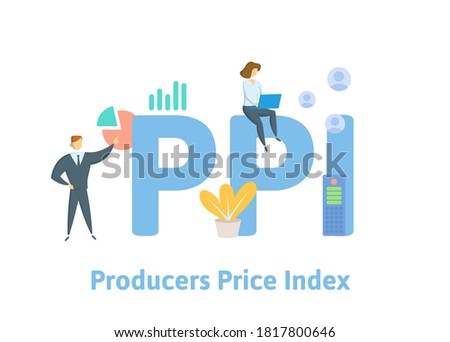 PPI, Producers Price Index. Concept with keywords, people and icons. Flat vector illustration. Isolated on white background.