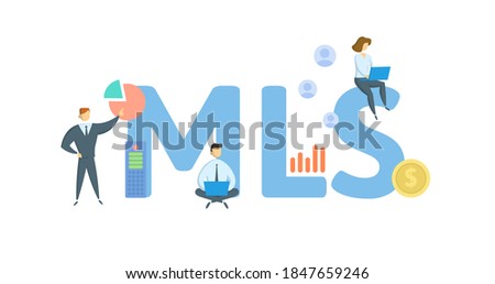 MLS, Multiple Listing Service. Concept with keywords, people and icons. Flat vector illustration. Isolated on white background.