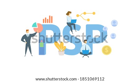 PSP, Profit Sharing Plan. Concept with keywords, people and icons. Flat vector illustration. Isolated on white background.