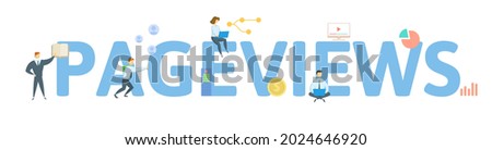 Pageviews. Concept with keyword, people and icons. Flat vector illustration. Isolated on white.