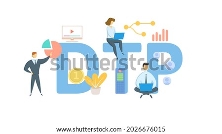 DTP, Desktop Publishing. Concept with keyword, people and icons. Flat vector illustration. Isolated on white.