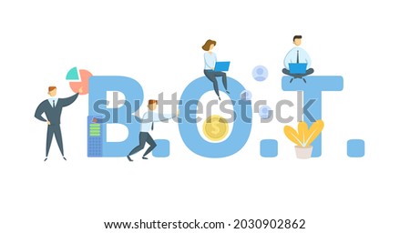 B.O.T. Build, Operate, Transfer. Concept with keyword, people and icons. Flat vector illustration. Isolated on white. Foto stock © 
