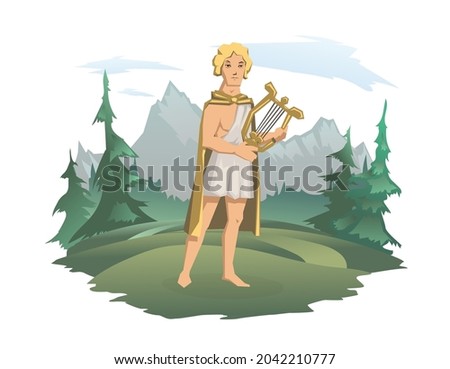Apollo, ancient Greek god of archery, music, poetry and the sun with lyre. Ancient Greece mythology. Forest and mountain landscape in the background. Vector illustration. Isolated on white.