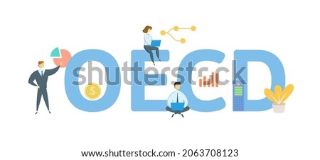 OECD, Organisation for Economic Co-operation and Development. Concept with keyword, people and icons. Flat vector illustration. Isolated on white.
