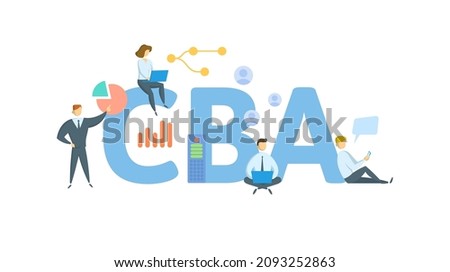 CBA, Cost-benefit Analysis. Concept with keyword, people and icons. Flat vector illustration. Isolated on white.