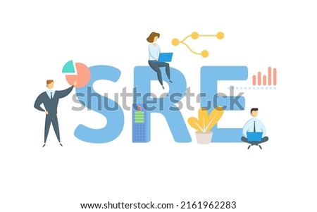 SRE, Site Reliability Engineering. Concept with keyword, people and icons. Flat vector illustration. Isolated on white.