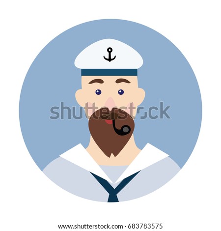 Portrait of a bearded sailor with Smoking pipe in his mouth. Vector illustration, isolated on white background.