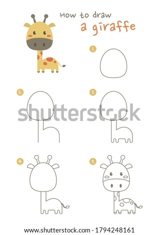 How to draw a giraffe vector illustration. Draw a giraffe step by step. Giraffe drawing guide. Cute and easy drawing guidebook.