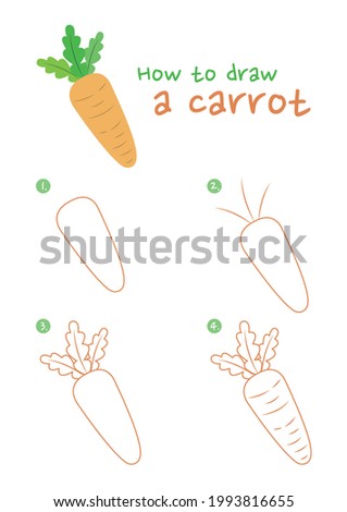 How to draw a carrot vector illustration. Draw a carrot step by step. Carrot drawing guide. Cute and easy drawing guidebook.