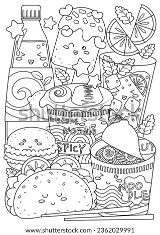 Coloring page for adults and teenagers. Coloring therapy for meditation and relaxation. Mindful and stress relief art. Printable and fit to A4 paper. Cute food and drink coloring book.