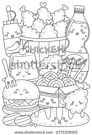 Coloring page for adults and teenagers. Coloring therapy for meditation and relaxation. Mindful and stress relief art. Printable and fit to A4 paper. Cute food and drink coloring book.