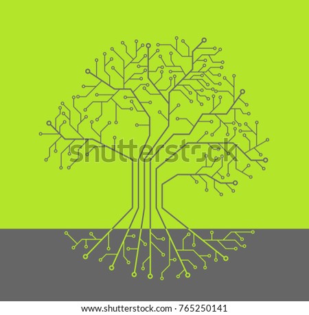 Printed circuit like tree with root, green background