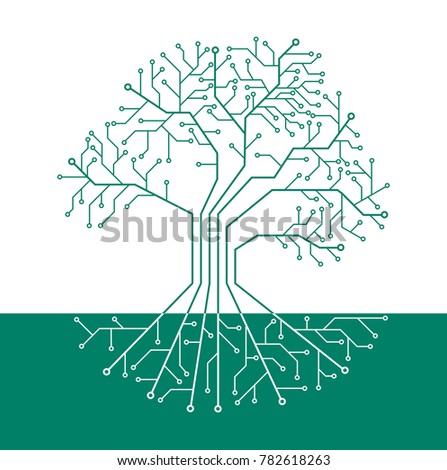 Printed circuit like tree with root, white background