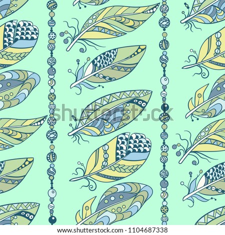 Seamless feathers and beads vertical pattern in abstract ornament style in ,arine, lemon and blue colors in vector graphic illustration