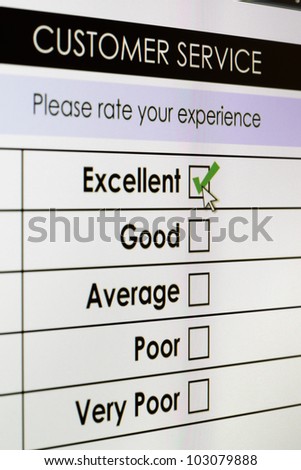 Tick placed in excellent checkbox on customer service satisfaction survey form on digital tablet screen