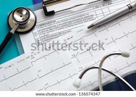 Cardiogram pulse trace and stethoscope concept for cardiovascular medical exam