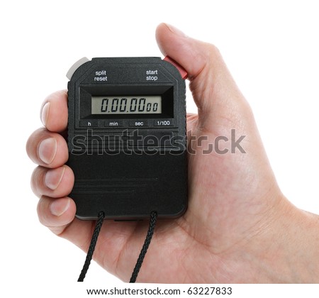 Hand holding a digital stop watch ready to start timing