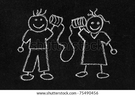 Chalkboard with childs drawing of stick people talking through tin cans phone