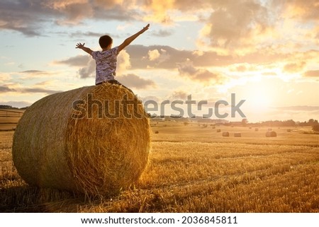 Boy sitting on a hay bale with arms raised in summer watching the sunset concept for worship, praise, religion or carefree childhood