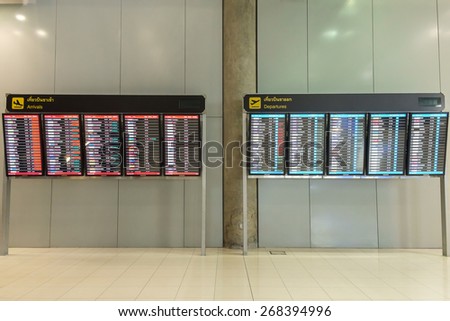 Samutprakarn - April 9: Airport Departure & Arrival information board sign at Suvarnabhumi Airport Samutprakarn, Thailand on April 9, 2015