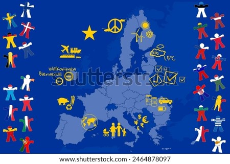 EU vote 2024 as a flag on a map of europe with national human flags with choices and issues of war, climate, borders, economy, transport, energy, fossil fuels, europe in the world, people in the union