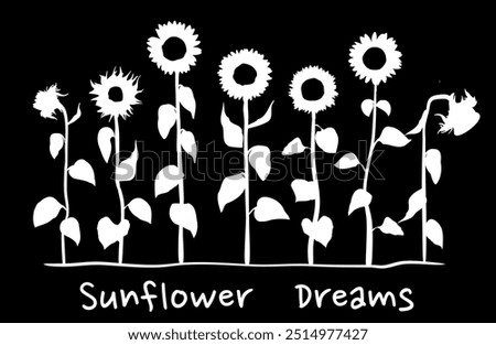 Image, Stock Photo Silhouette of withered sunflowers in front of evening sky, in the background blurred power poles