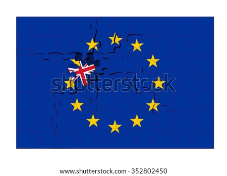 BREXIT United Kingdom UK flag colored jigsaw puzzle piece making a crack in the european twelve star flag