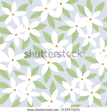 seamless pattern white jasmin flower with green leaf on soft blue background vector.