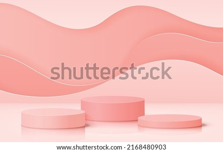 Vector group of pink peach, soft orange podium with pastel wavy layered paper art backdrop for product display.