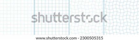 set of blue and white graph paper with straight and wavy dash line, geometric square and grid pattern for school, wallpaper, backdrop, book vector.