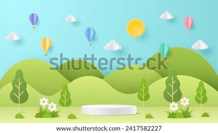 Paper cut spring summer season with cylinder podium, sun ,clouds, balloons,mountain on blue sky background. Green nature landscape backdrop for product display advertising,presentation.